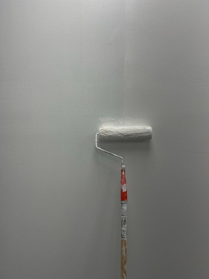 Close-up of a paint roller applying light gray paint to a wall. Simple and clean.